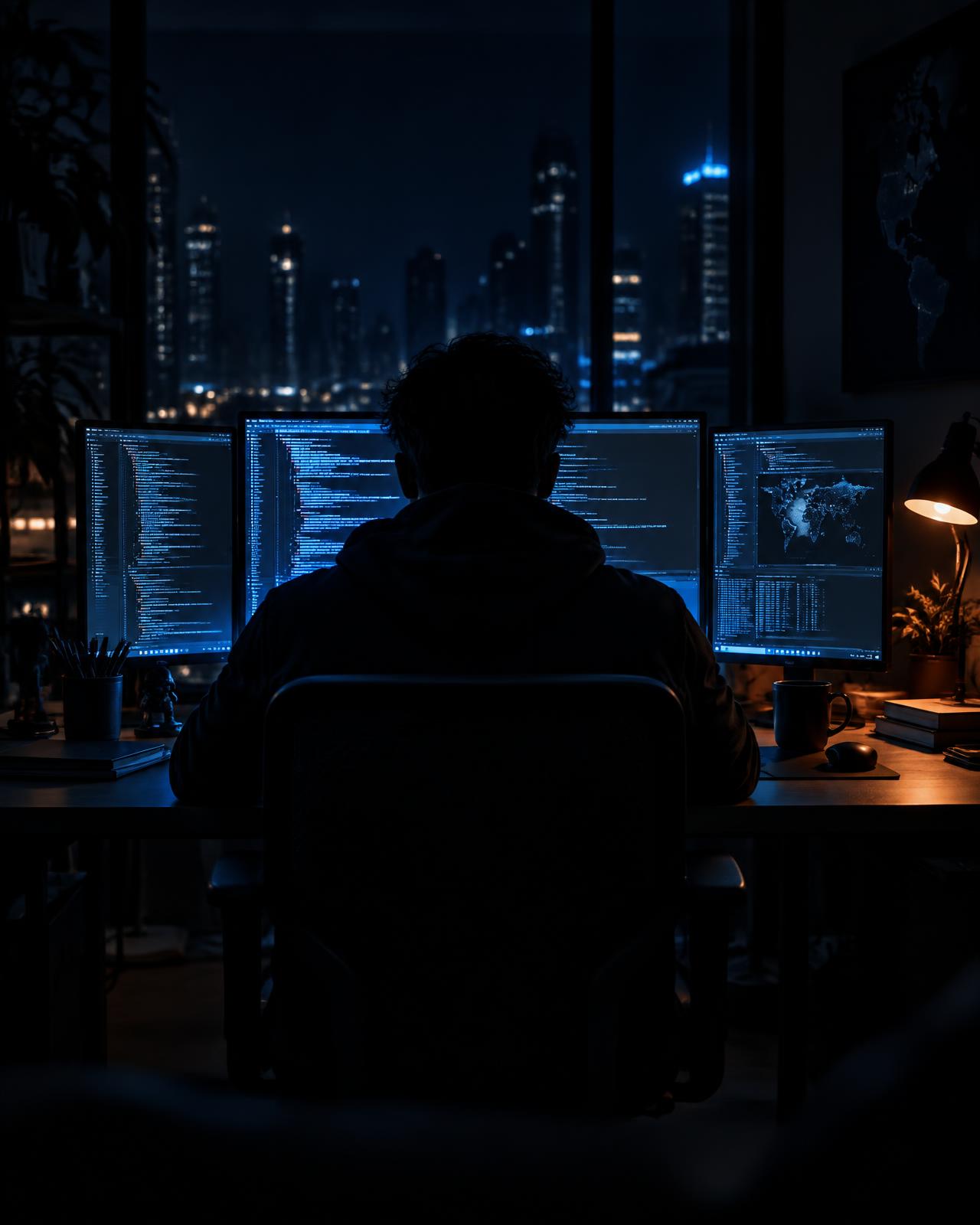 Silhueta do autor diante de monitores com código